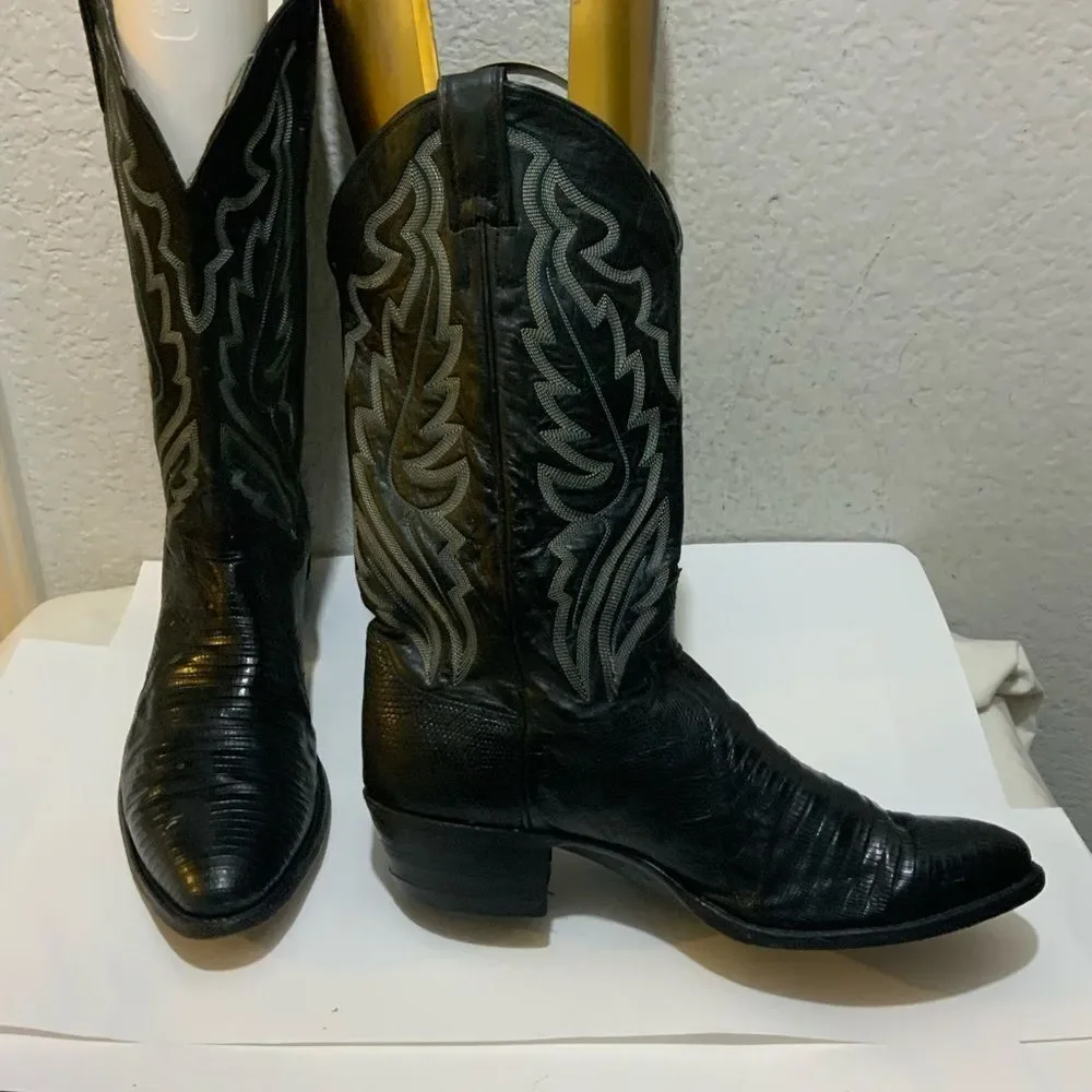 Justin Lizard Skin Leather Cowboy Western Boots Men's 9.5 D Black USA 8313
